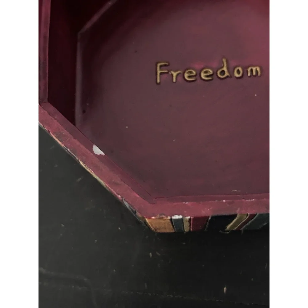 Decorative Hand Painted Butterfly Trinket Box Red Multicolor Striped Gold Trim